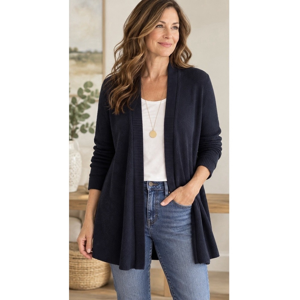 J.Jill Cardigan Sweater Womens M Navy Blue 100% Cotton Long Open Front 32"